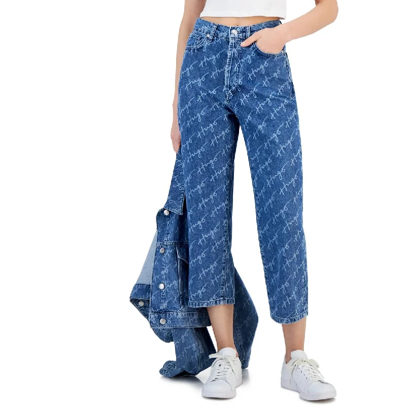 Womens High Rise Logo Wide Leg Jeans Stylish Relaxed Fit Skinny Jeans