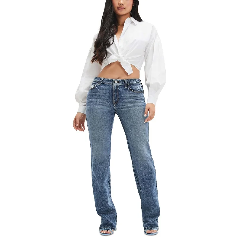 Womens Low Rise Medium Wash Straight Leg Jeans Fashionable Raw Hemmed Jeans