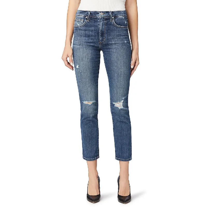 Womens High-Rise Ankle Straight Leg Jeans Casual Distressed Denim Jeans