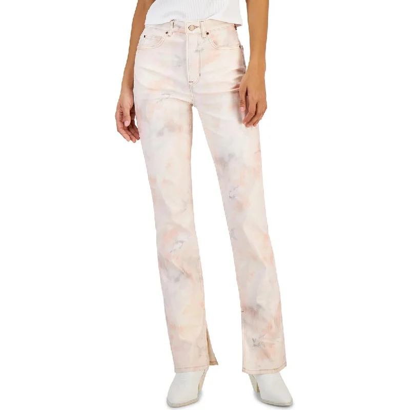 Pauline Womens Tie Dye Split Hem Straight Leg Jeans Classic Button Fly Jeans