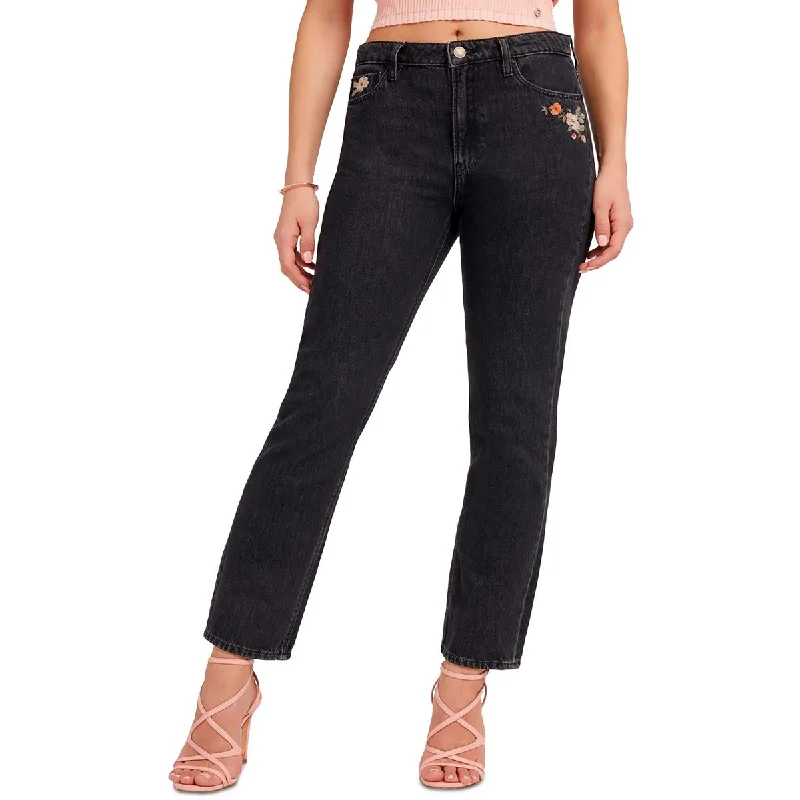 Womens High Rise Dark Wash Straight Leg Jeans Comfortable Folded Hem Jeans