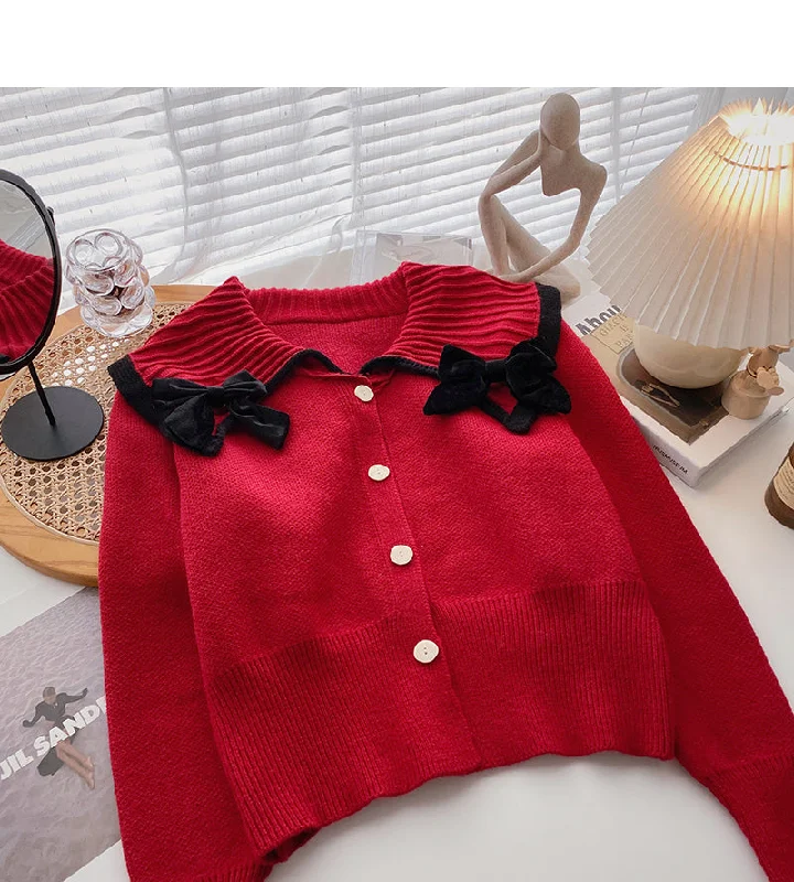 Bow lapel vintage sweater cardigan  6193 Real Fur Shearling Chenille