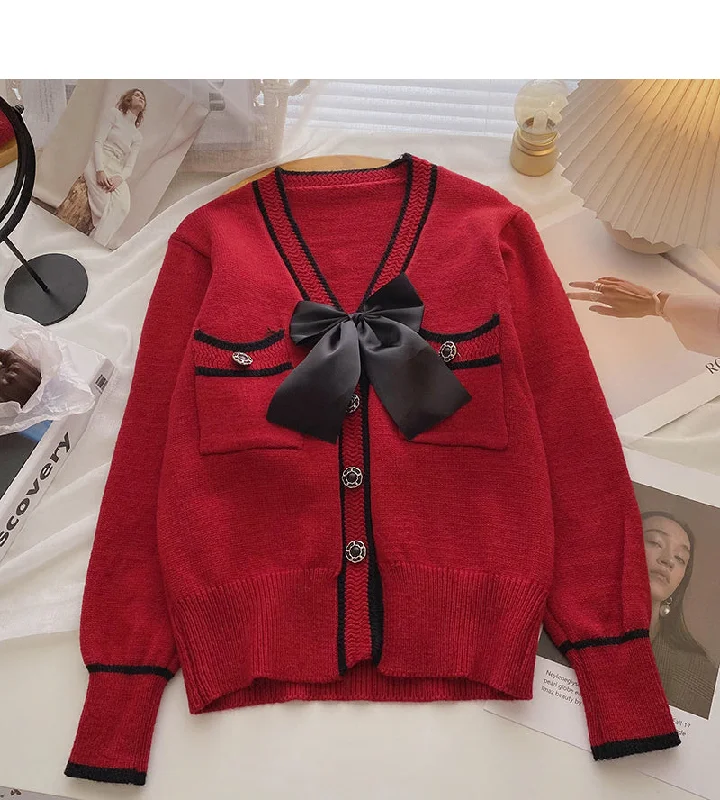 Bow V-neck Vintage sweater cardigan long sleeve top 6199 Fleece Fabric Down Fabric Feather Fabric Bow V-neck Vintage sweater cardigan long sleeve top 6199 Fleece Fabric Down Fabric Feather Fabric