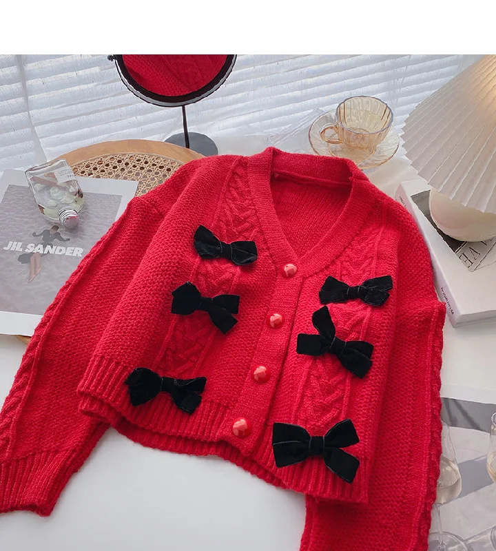 Bow Vintage small fragrance V-Neck Sweater Coat  6204 Collared Crew Neck Turtle Neck