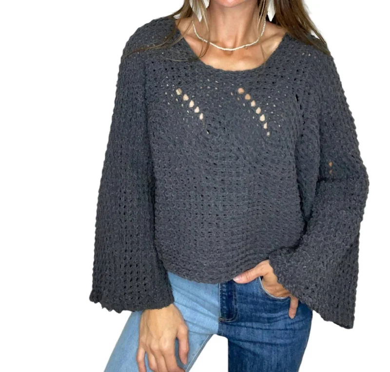 Cassidy Chenille Crop Sweater In Grey Solid Print Embellished