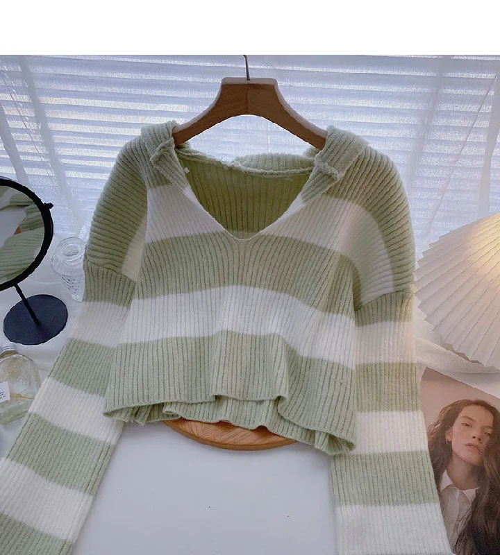 Casual Short striped sweater hooded Pullover Top  6461 Stretchy Elastic Breathable