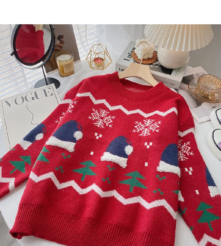 Christmas hat jacquard contrast sweater long sleeve Pullover Top 6161 Mesh Blend Leather Blend Suede Blend Christmas hat jacquard contrast sweater long sleeve Pullover Top 6161 Mesh Blend Leather Blend Suede Blend