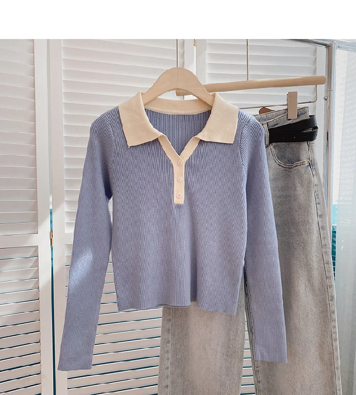 Color blocking slim fit short sweater casual slim long sleeve 6593 Plaid Sweater Polka Dot Checkered Color blocking slim fit short sweater casual slim long sleeve 6593 Plaid Sweater Polka Dot Checkered
