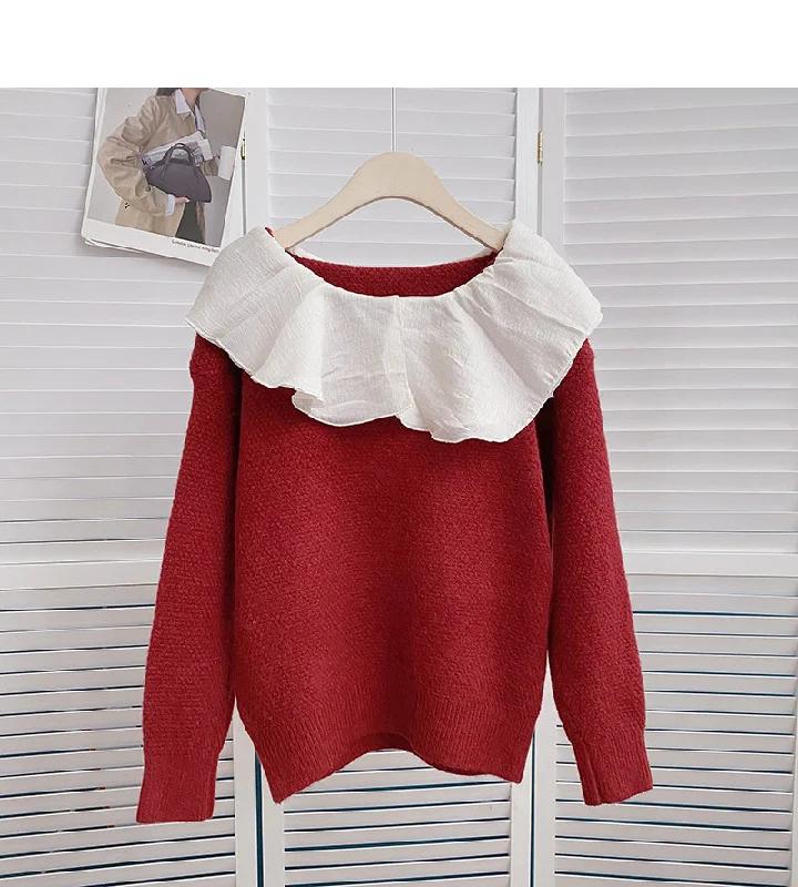 Color contrast doll neck long sleeve Pullover Sweater  6194 Boxy Sweater Fitted Sweater A-Line