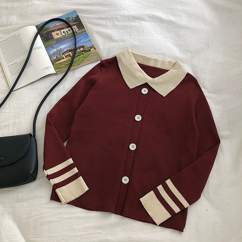 Color contrast Lapel long sleeve sweater Pullover Top  6483 Tailored Straight A-Line