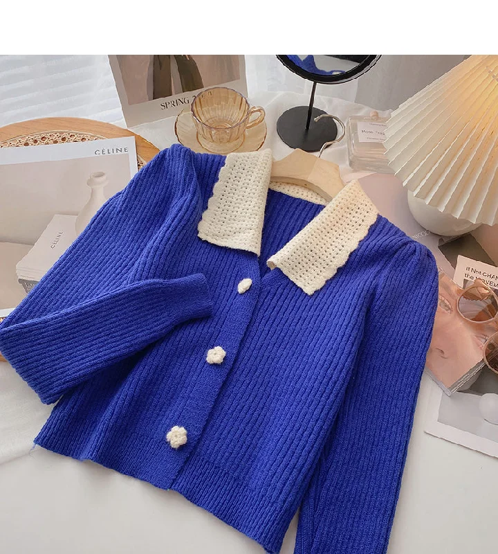 Color matching small flower button knitted sweater  6469 High Neck Crew Neck V-Neck