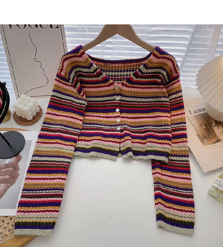 Colorful striped sweater sweet high waist short V-neck top 6521 Fitted Slim Tailored Colorful striped sweater sweet high waist short V-neck top 6521 Fitted Slim Tailored