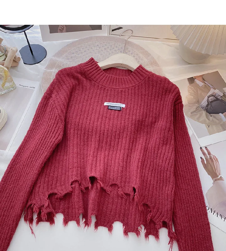 Crew neck loose versatile sweater irregular short top  6183 Solid Print Embellished