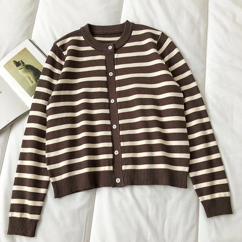 Crew neck striped cardigan long sleeve sweater fashion 6455 Modern Contemporary Chic Crew neck striped cardigan long sleeve sweater fashion 6455 Modern Contemporary Chic