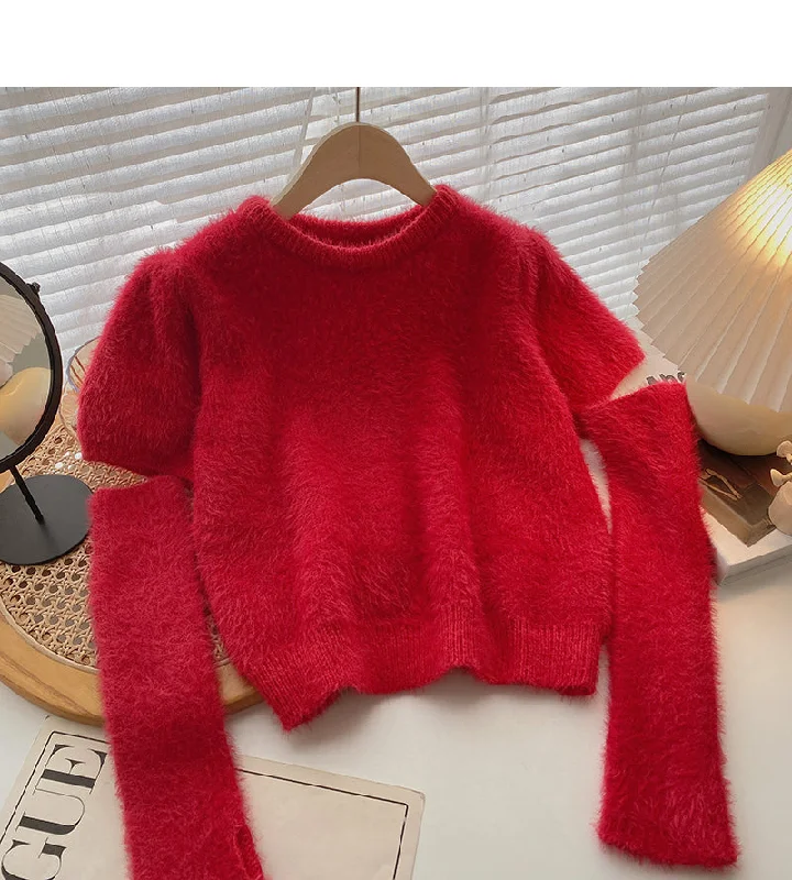 Crew neck Vintage short sleeve sweater versatile sleeve top  6191 Seamless Knitted Crochet