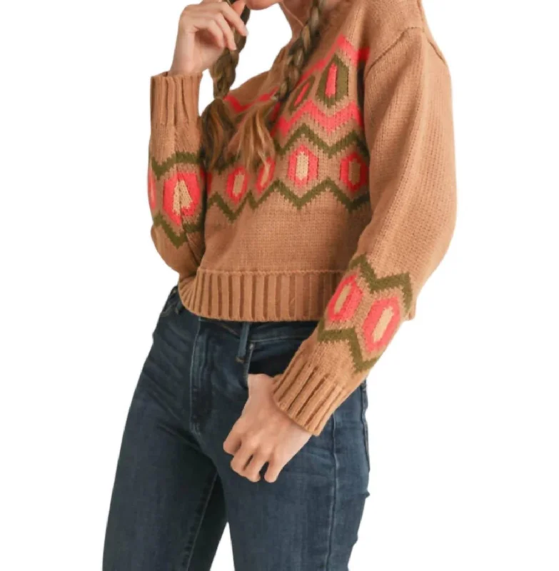Cropped Geometric Knit Sweater In Dark Brown Cable Knit Ribbed Knit Lace Knit