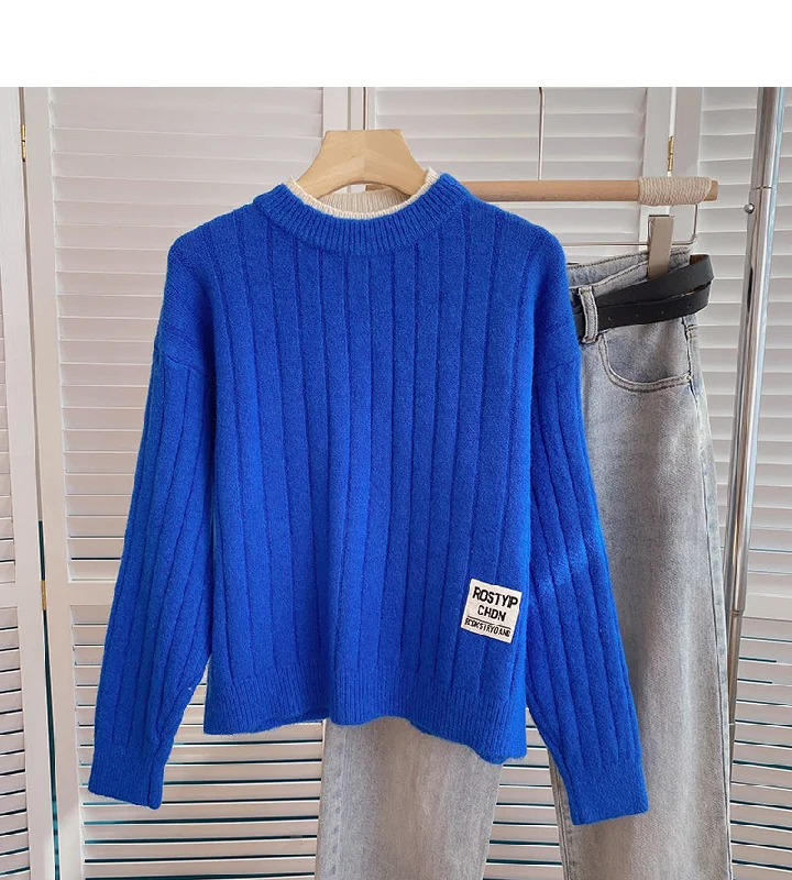 Design color contrast crew neck Pullover Sweater  6163 Solid Print Embellished