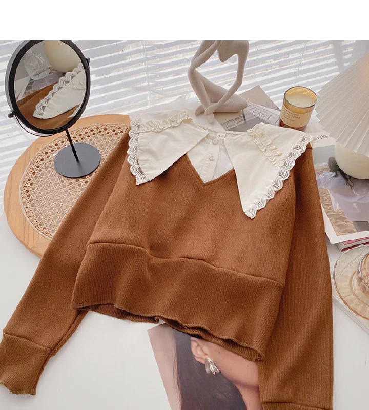 Design sense baby collar stitched sweater Vintage top 6601 Denim Fabric Leather Fabric Suede Fabric Design sense baby collar stitched sweater Vintage top 6601 Denim Fabric Leather Fabric Suede Fabric