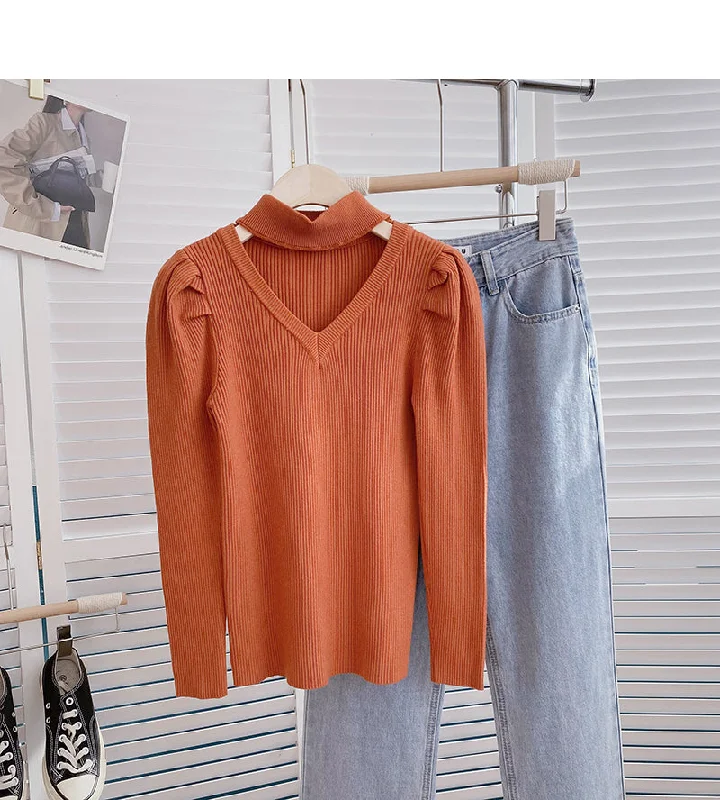 Design sense personalized sweater stand collar top  6520 Ribbed Striped Patterned