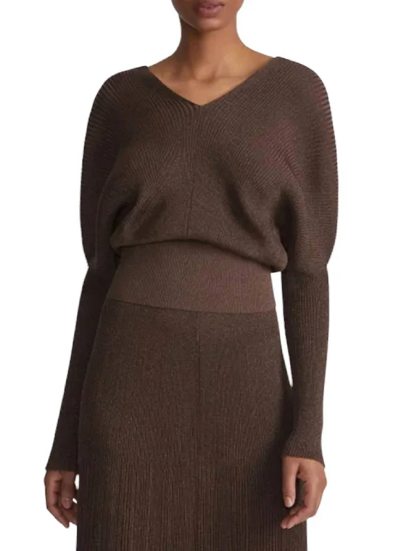 Finespun Voile Ribbed Blouson Sweater In Wood Metallic Polka Dot Checkered Tartan