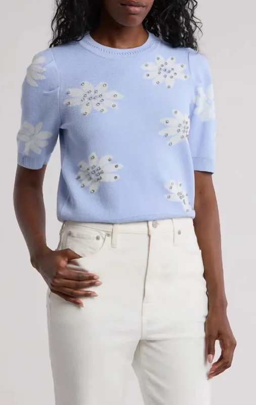Floral Rhinestone Sweater In Blue/white Notch Collar Peter Pan Collar Cowl Neck