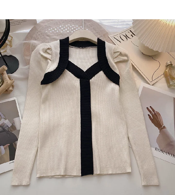 French square neck contrast thin long sleeve sweater 6492 Lace Blend Ribbed Blend Corduroy Blend French square neck contrast thin long sleeve sweater 6492 Lace Blend Ribbed Blend Corduroy Blend