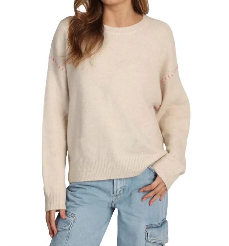 Harper Sweater In Oat And Pink Cashmere Blend Cotton Blend Poly Blend