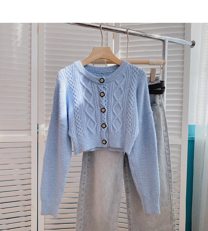 High waist short twist sweater single breasted cardigan top  6139 Glossy Satin Silk