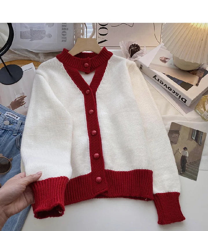 Hollow out design of long sleeve retro color matching sweater 6196 Hooded Sweater Collared Sweater Shawl Collar Hollow out design of long sleeve retro color matching sweater 6196 Hooded Sweater Collared Sweater Shawl Collar