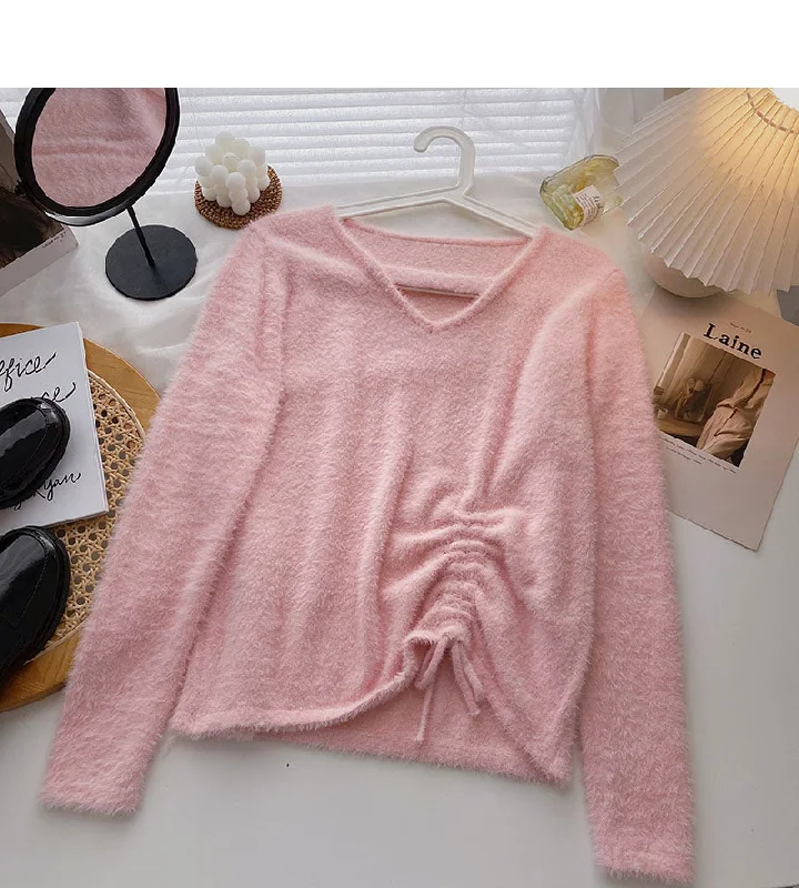 Imitation mink sweater niche V-neck drawstring slim top 6577 Velvet Chenille Corduroy Imitation mink sweater niche V-neck drawstring slim top 6577 Velvet Chenille Corduroy