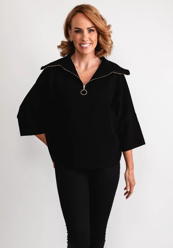 Joseph Ribkoff Oversized Dolman Half Zip Jumper, Black Cotton Fabric Linen Fabric Terry Fabric