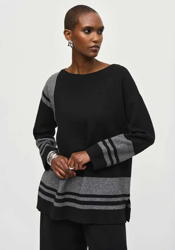 Joseph Ribkoff Contrast Panel Sweater, Black & Grey Turtle Neck Boat Neck Asymmetrical Neck Joseph Ribkoff Contrast Panel Sweater, Black & Grey Turtle Neck Boat Neck Asymmetrical Neck