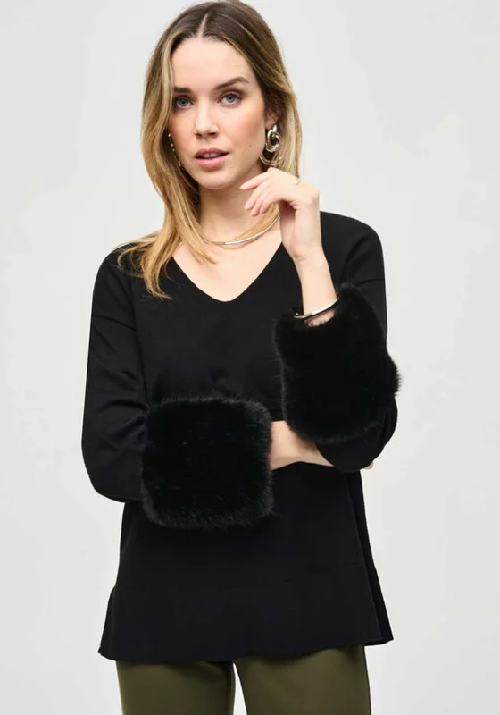 Joseph Ribkoff Faux Fur Cuff V Neck Sweater, Black Print Jacquard Patchwork