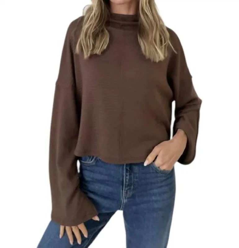 Kayla Ribbed Sweater In Brown Houndstooth Herringbone Solid