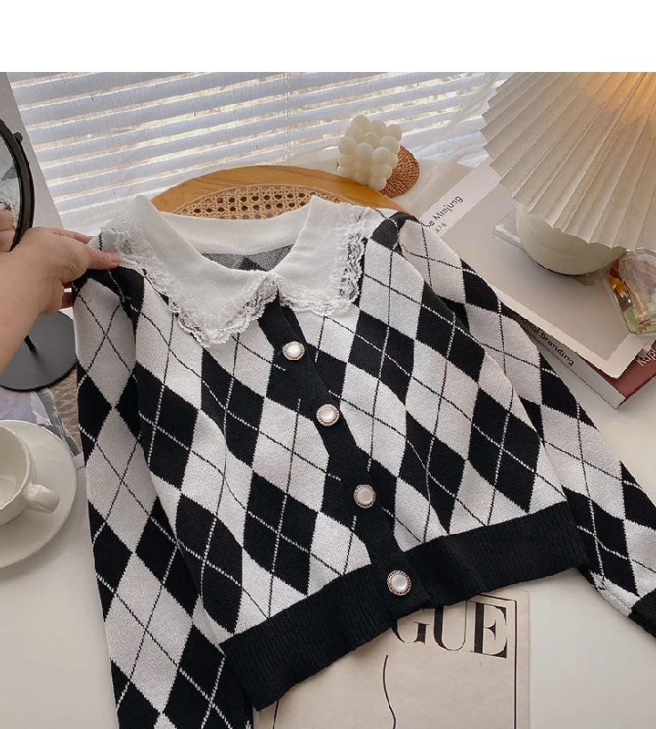 Lace doll neck slim Vintage plaid sweater  6466 Solid Color Striped Floral Print