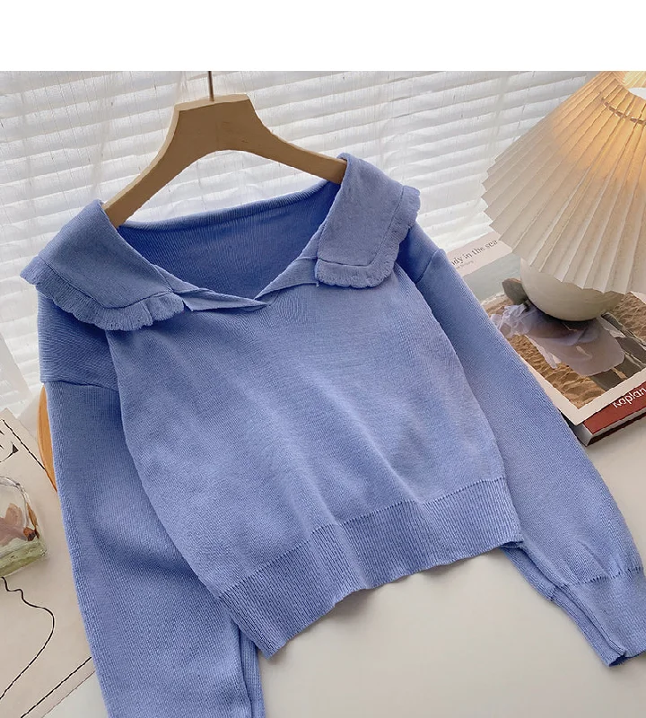 Lace Navy collar age reducing short sweater  6574 Sequined Glittery Shiny