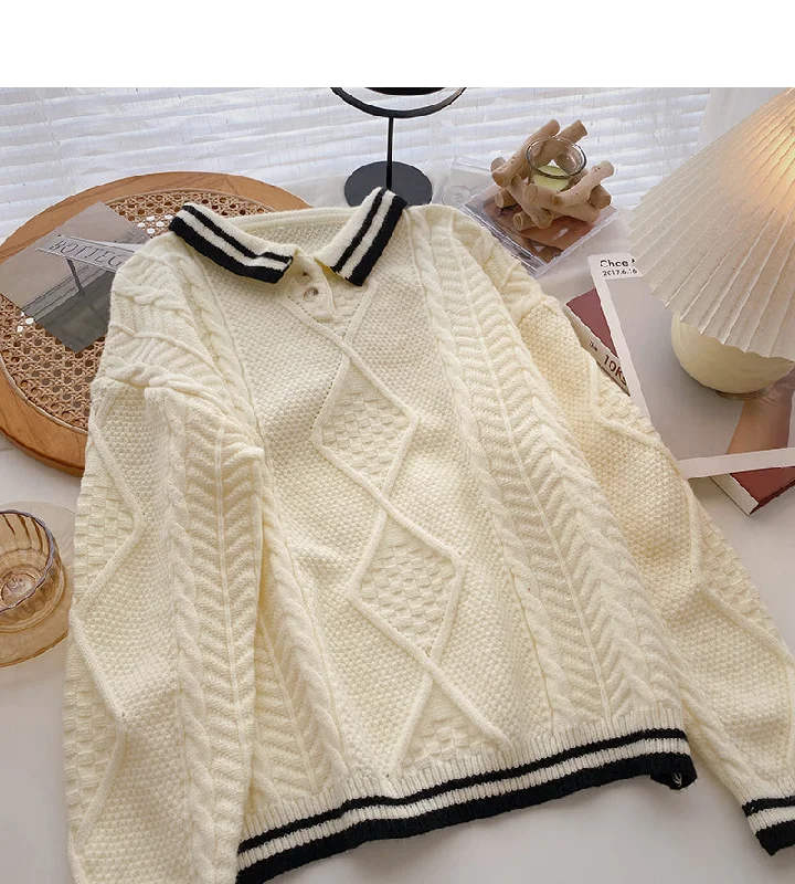 Lapel contrast long sleeve twist sweater 6148 Cotton Fabric Linen Fabric Terry Fabric Lapel contrast long sleeve twist sweater 6148 Cotton Fabric Linen Fabric Terry Fabric