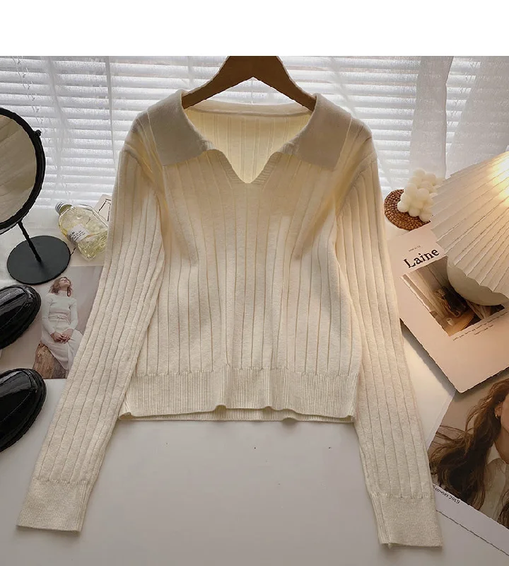 Lapel thread sweater Pullover long sleeve top  6570 Tailored Straight A-Line