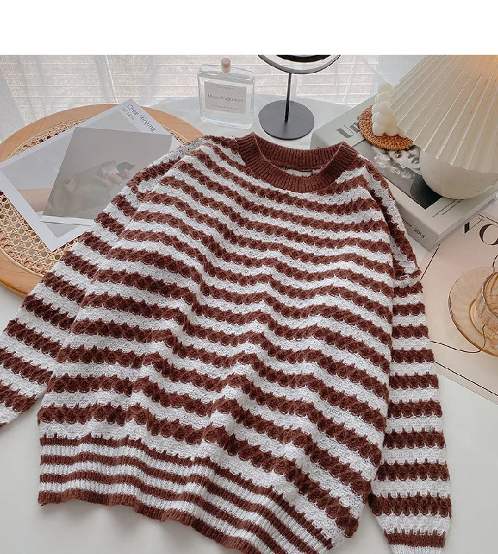 Lazy stripe contrast long sleeve sweater  6132 Wool Sweater Cotton Sweater Cashmere Sweater