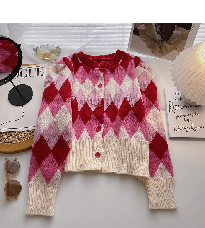 Lingge contrast color sweet retro long sleeved sweater 6206 Polka Dot Checkered Tartan Lingge contrast color sweet retro long sleeved sweater 6206 Polka Dot Checkered Tartan