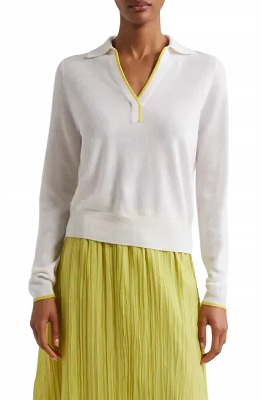 Long Sleeve Cashmere Polo Sweater In Meringue/banana Merba Chenille Blend Fleece Blend Nylon Blend Long Sleeve Cashmere Polo Sweater In Meringue/banana Merba Chenille Blend Fleece Blend Nylon Blend