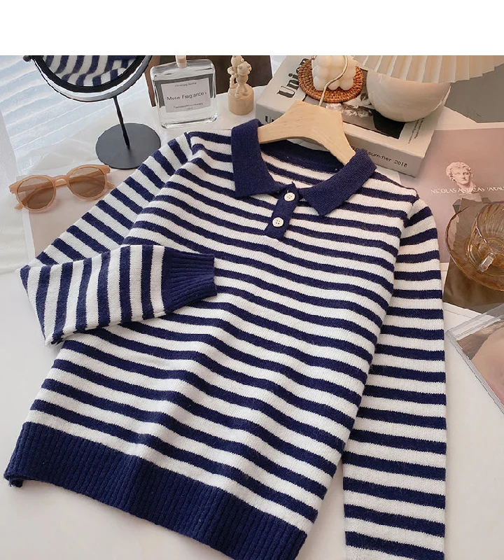 Long Sleeve Striped Sweater Lapel top  6458 Anti-Pilling Anti-Shrink Durable