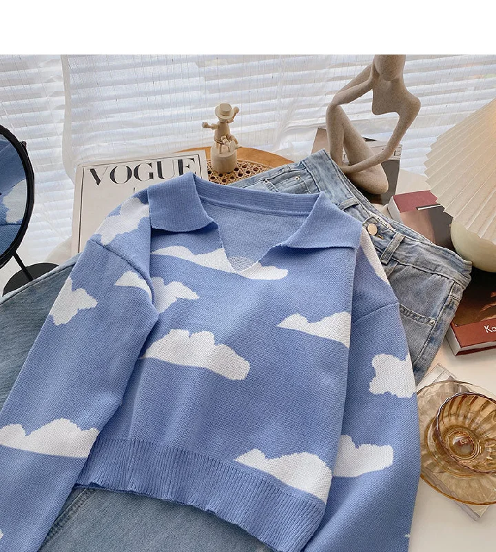 Long sleeve sweater contrast cloud Pullover Top  6532 Herringbone Houndstooth Plaid