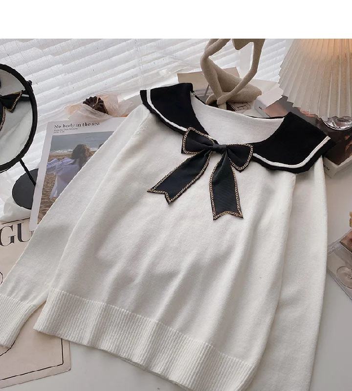 Long sleeved sweater personalized bow Navy collar top 6597 Jersey Fabric Tulle Fabric Batik Fabric Long sleeved sweater personalized bow Navy collar top 6597 Jersey Fabric Tulle Fabric Batik Fabric