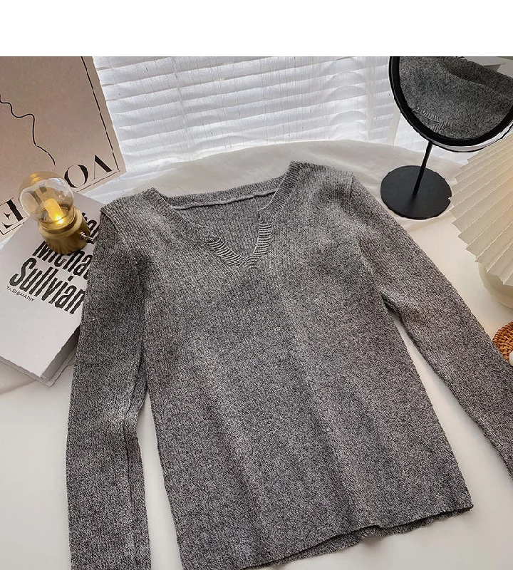 Long sleeved sweater solid V-neck top  6535 Anti-Pilling Anti-Shrink Durable