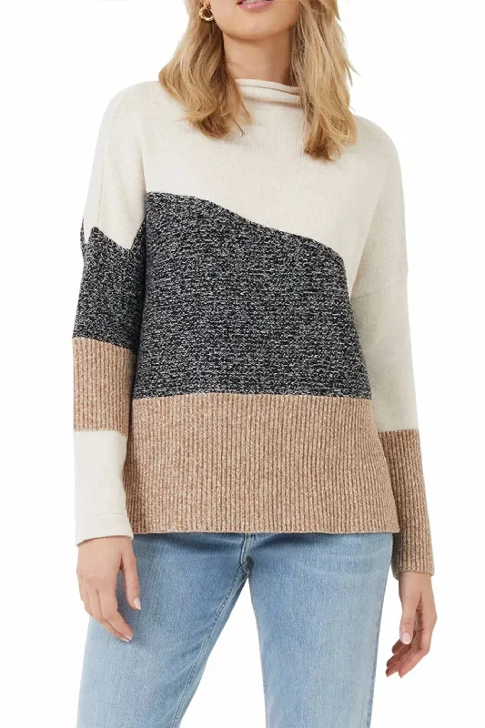 Lotty Color Block Knit Patch Sweater Top In Black Ribbed Striped Patterned