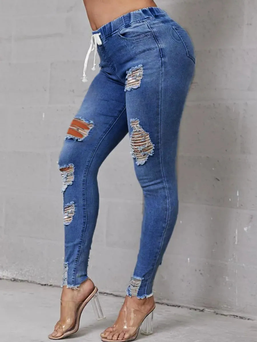 LW Plus Size 2023 Women Autumn Casual High-Waist High Stretchy Ripped Distressed Jean Chic Rip-Detail High-Waist Jeans LW Plus Size 2023 Women Autumn Casual High-Waist High Stretchy Ripped Distressed Jean Chic Rip-Detail High-Waist Jeans
