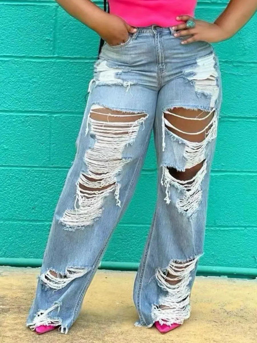 LW Plus Size Stylish Broken Holes Baby Blue Jeans Medium Stretchy Zipper Fly summer Jeans Casual Loose Fit Jeans LW Plus Size Stylish Broken Holes Baby Blue Jeans Medium Stretchy Zipper Fly summer Jeans Casual Loose Fit Jeans