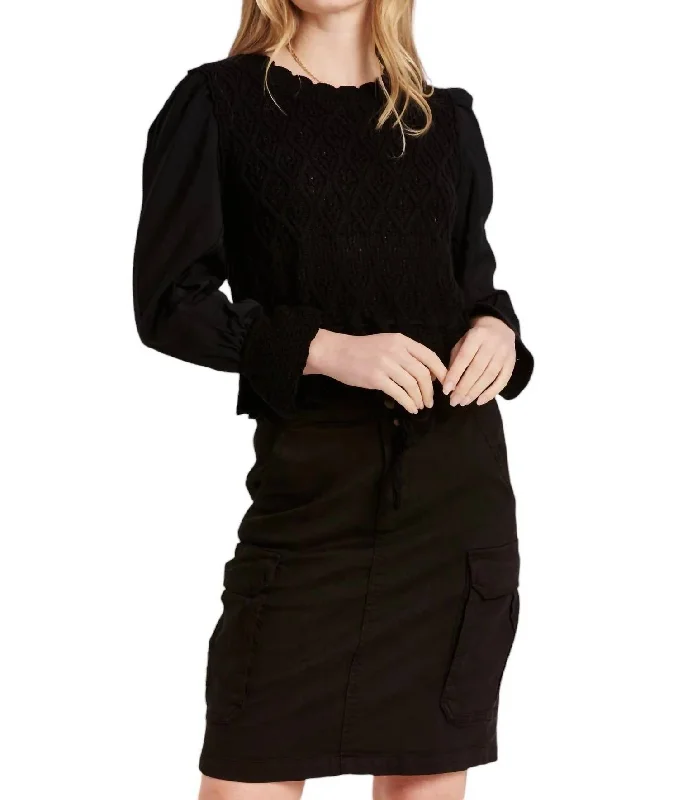 Marilyn Pointelle Sweater In Black Cable Knit Ribbed Knit Lace Knit