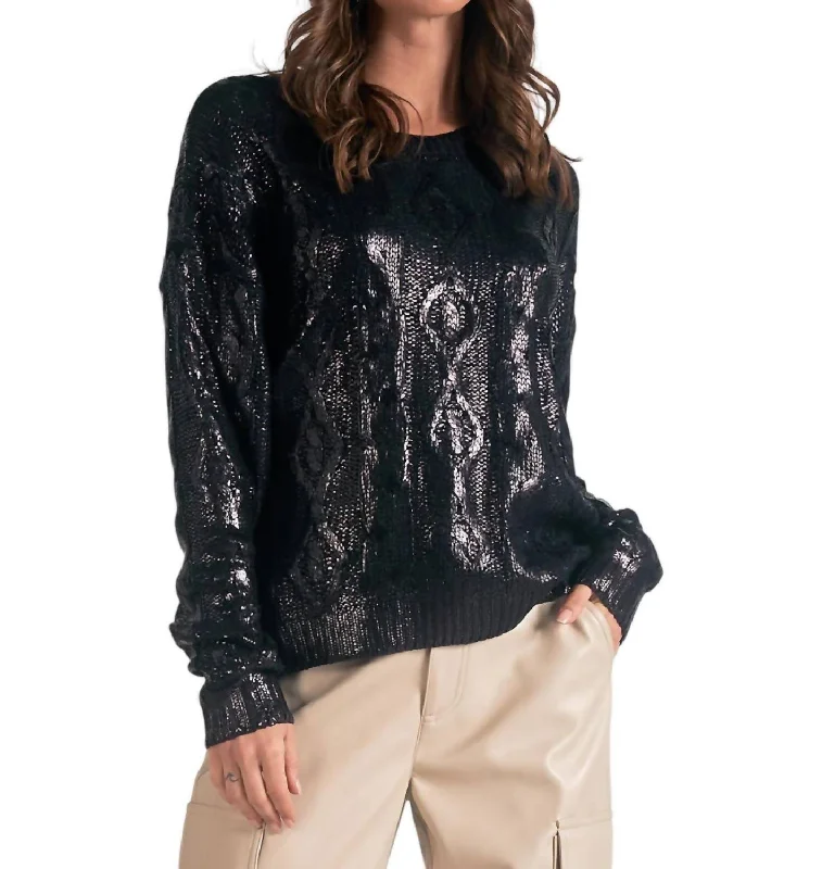 Metallic Cable Sweater In Black Lace Blend Ribbed Blend Corduroy Blend
